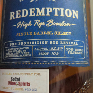
                  
                    Redemption High Rye Store Pick 105 Proof - SoCal Wine & Spirits
                  
                